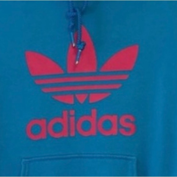 ADIDAS HOODIE SWEATSHIRT BLUE PINK LOGO KIDS LONG SLEEVE POUCH POCKET - Picture 5 of 6